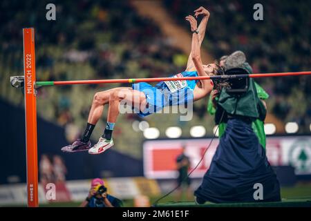 Gianmarco Tamberi jumping in the high jump at the European Athletics Championships in Munich 2022. Stock Photo