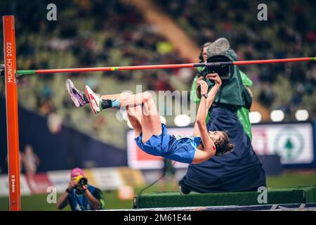 Gianmarco Tamberi jumping in the high jump at the European Athletics Championships in Munich 2022. Stock Photo