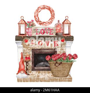 Watercolor Valentines Day living room composition with fireplace, heart, flowers, buntings, candles. Romantic home illustration Stock Photo