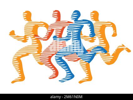 Running race, marathon, jogging. Stylized illustration of four running racers.Isolated on white background. Vector available. Stock Vector