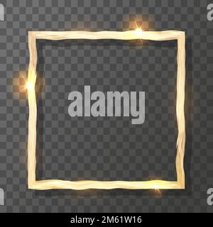 Square frame 3D made of gold on a black transparent background. Poster with metallic gold border with blank space. Vector illustration. Stock Vector