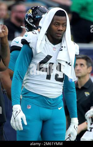 Jacksonville Jaguars linebacker K'Lavon Chaisson (45) rushes the line of  scrimmage during the second half of an NFL football game against the  Tennessee Titans, Sunday, Oct. 10, 2021, in Jacksonville, Fla. (AP