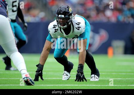 Jacksonville Jaguars linebacker Travon Walker (44) moves to the line of  scrimmage during an NFL football game against the Pittsburgh Steelers,  Saturday, Aug. 20, 2022 in Jacksonville, Fla. The Steelers defeat the