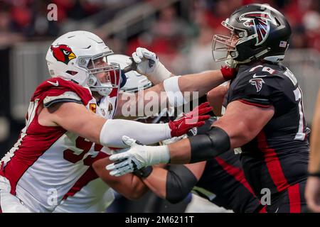 Atlanta Falcons offensive tackle Jake Matthews (70) lines up during the  first half of an NFL football game against the Tampa Bay Buccaneers,  Sunday, Jan. 8, 2023, in Atlanta. The Atlanta Falcons