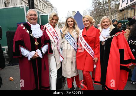 London, UK. 01st Jan, 2023. Trish Fivey - Sutton Liberal Democrats and Miss Great Britain 2023 join the London's annual New Year parade featuring hundreds of floats on January 1, 2023 in central London, UK. Credit: See Li/Picture Capital/Alamy Live News Stock Photo