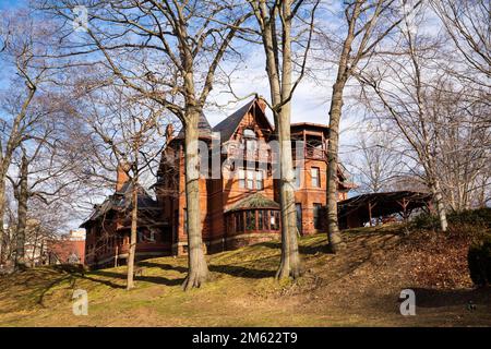 Hartford, CT - USA - Dec 28, 2022 View of the historic Mark Twain House. Home of Samuel Langhorne Clemens from 1874 to 1891. Designed by Edward Tucker Stock Photo