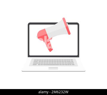 Announcement concept. Laptop with loudspeaker information logo design. Concept for digital marketing, promotion and advertising vector design. Stock Vector