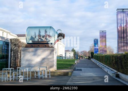 Greenwich.London.United Kingdom.December 1st 2022.Photo of Nelson's Ship in a bottle on a plinth outside the National Maritime Museum in Greenwich Stock Photo