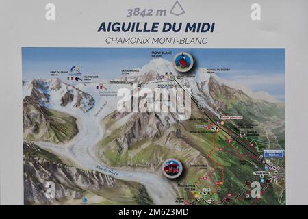 Close-up of a map of the Aiguille du Midi cable car in the Mont Blanc Massif with the Mer de Glace glacier, Chamonix, Haute Savoie, France Stock Photo