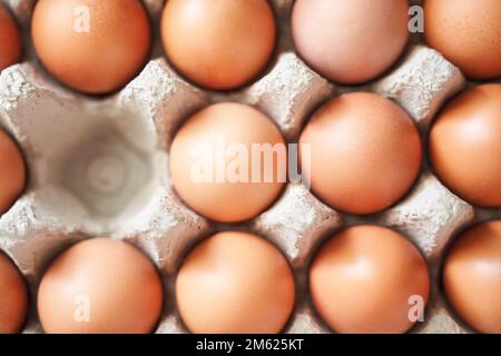 Eggs set. Many food protein. Colorful bright on background. Hard shadow. Easter sun box. Carton organic concept. Traditional cuisine top view. Flatlay Stock Photo