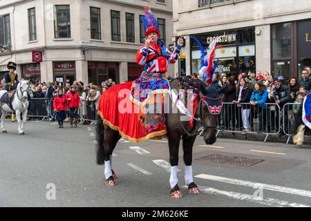 01 January 2023. London, UK.  Performers take part in the annual New Years Day Parade. The parade attracts over 10,000 participants from the USA, UK, Europe and beyond to delight our street audience of over 500,000 and our TV audience, which reaches more than 500,000,000 annually. Photo by Ray Tang Stock Photo