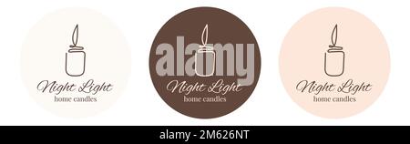 Set of one line candle logo Night light home candle. Stickers for your design. Vector sketch illustration. Template design. Romantic background. Brown neutral colors. Vector illustration Stock Vector