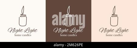 Set of one line candle logo Night light home candle. Vector sketch illustration. Template design. Romantic background. Brown neutral colors. Vector illustration Stock Vector
