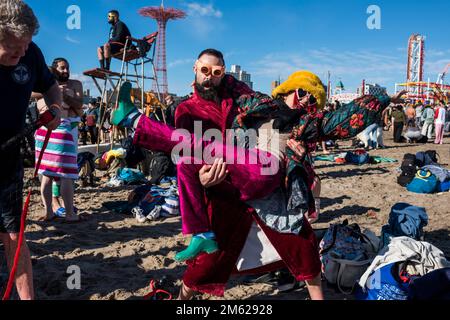 Brooklyn, New York - January 1, 2023: 2023 Coney Island Polar Bear Club New Year's Day Plunge, Coney Island, Brooklyn, New York City. Stock Photo