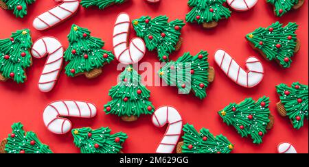 Christmas colored handmade gingerbread cookies, flat lay. Stock Photo