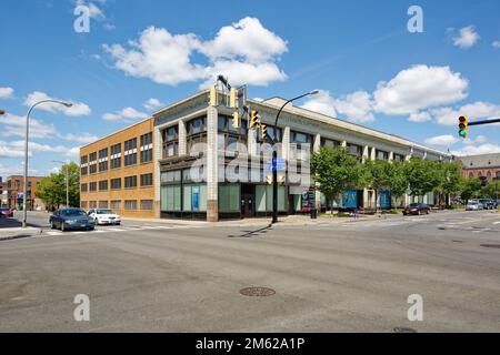 Ansonia Center, 712 Main Street, is a low-rise apartment building with an attractive terra cotta façade facing Main Street. Stock Photo