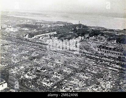 An aeriel view of the destroyed city of Stalingrad, with the River Volga beyond Stock Photo