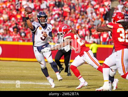 Kansas City, United States. 01st Jan, 2023. Denver Broncos quarterback Russell Wilson (3) fires a pass at Arrowhead Stadium in Kansas City, Missouri on Saturday, January 1, 2023. Photo by Jon Robichaud/UPI Credit: UPI/Alamy Live News Stock Photo