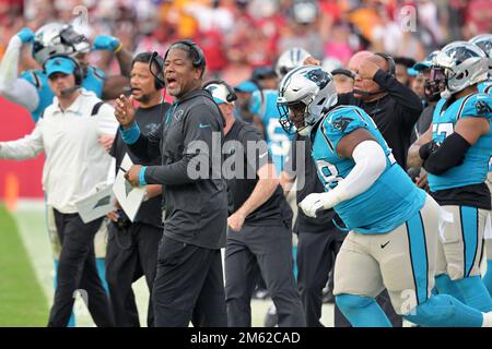 Tampa, United States. 01st Jan, 2023. Carolina Panthers head coach Steve Wilks shouts from the sidelines during the second half against the Tampa Bay Buccaneers at Raymond James Stadium in Tampa, Florida on Sunday, January 1, 2023. The Buccaneers clinched the NFC South with a 30-24 win over the Panthers. Photo by Steve Nesius/UPI. Credit: UPI/Alamy Live News Stock Photo
