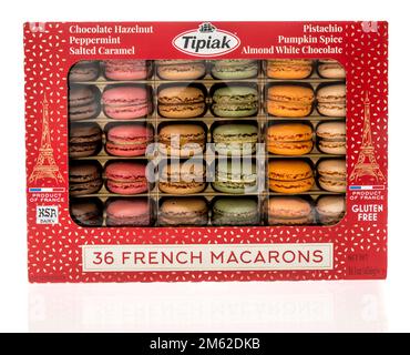 Winneconne, WI - 28 November 2022: A package of Tipiak French macarons on an isolated background. Stock Photo