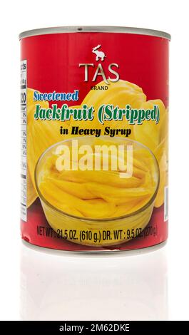 Winneconne, WI - 28 November 2022: A can of Tas brand sweetened jackfruit on an isolated background. Stock Photo