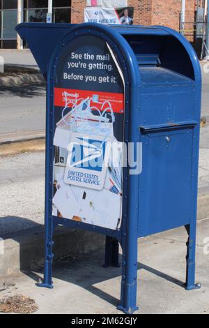 A blue drop box at the Valley Hi Post Office in San Antonio Texas