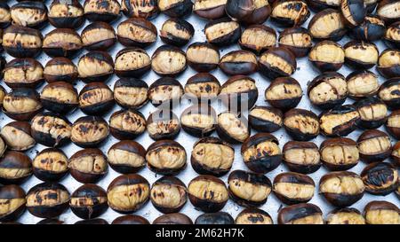 Chestnut kebab. Traditional Turkish food chestnut kebab. Kestane kebabi in Turkish. Street food in Turkey. Top view. Stock Photo