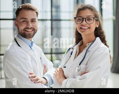 two of medical workers portrait in hospital Stock Photo