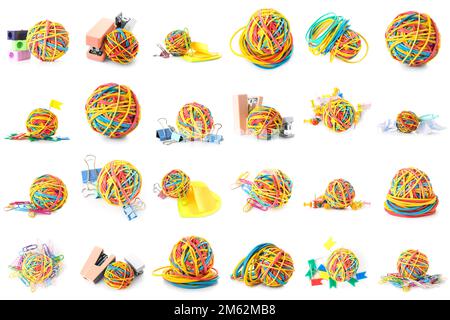 Collage of colorful rubber bands on white background Stock Photo - Alamy