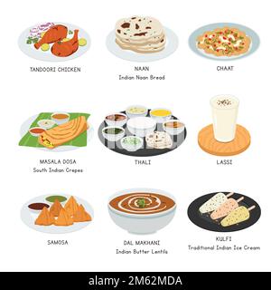 Indian Food vector set. Famous dishes in India flat vector illustration, clipart cartoon. Naan, Thali, Chaat, Samosa, Tandoori Chicken. Asian food Stock Vector