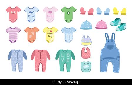 Vector set of baby clothes clipart. Simple cute baby bodysuit, jumpsuit, sleepsuit, romper, denim overall, bib, gloves, shoes flat vector illustration Stock Vector