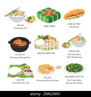 Vietnamese Food vector set. Set of famous dishes in Vietnam flat vector illustration, clipart cartoon. Banh Mi, Pho, Bun Cha, Banh Chung. Asian food Stock Vector