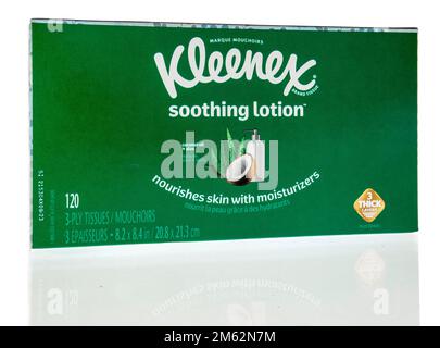 Winneconne, WI - 12 December 2022: A package of Kleenex soothing loation facial tissue on an isolated background. Stock Photo