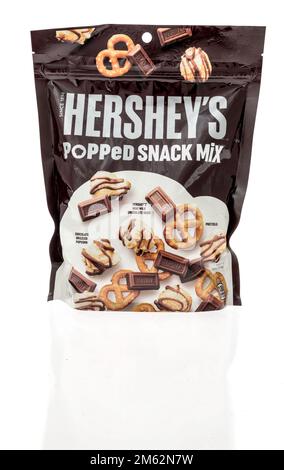 Winneconne, WI - 12 December 2022: A package of Hersheys popped snack mix on an isolated background. Stock Photo