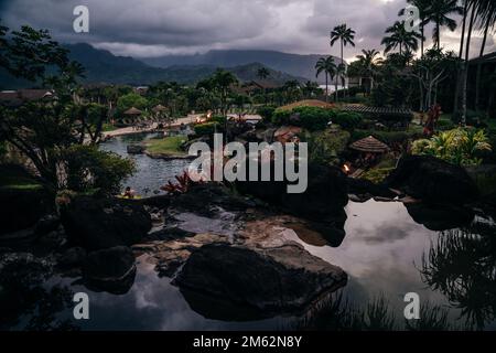 North Shore of Kauai - Panoramic view of Hanalei Bay Overlook at the north shore on sunset. High quality photo Stock Photo