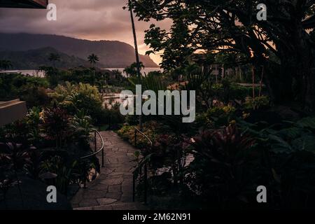 North Shore of Kauai - Panoramic view of Hanalei Bay Overlook at the north shore on sunset. High quality photo Stock Photo