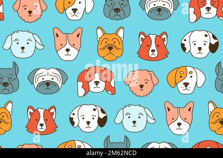 Dog faces cartoon seamless pattern. Smiling funny childish doggy pet, baby comic flat endless ornament. Cute puppy kawaii head muzzle doodle repeat wrapper. Wallpaper template for kid design Stock Vector