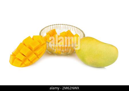 yellow mango. slice. cube. cube mango in glass.  isolated on white background. Stock Photo