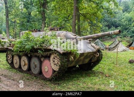 Jagdpanzer 38 (Hetzer) tank destroyer camouflaged with branches and foliage in the woods. Stock Photo