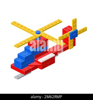 Helicopter, a toy assembled from plastic blocks and isometric bricks. vector clipart Stock Vector