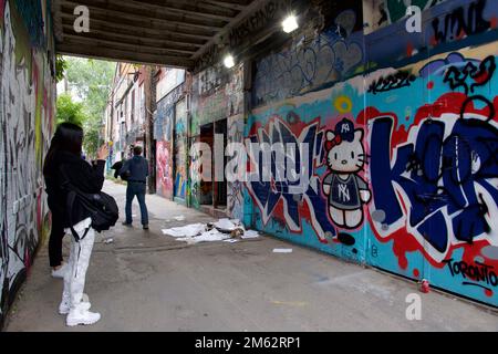 A woman taking a photo of colourful graffiti on the wall in an alley in Toronto, Ontario, Canada Stock Photo