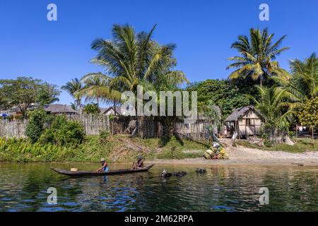 Traditional village scene along Pangalanes Canal, Madagascar, Africa Stock Photo