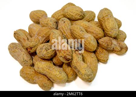 Bunch of salted and roasted in the shell peanuts on a white background Stock Photo