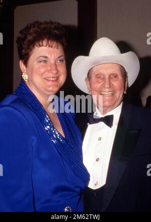 Gene Autry and wife Jacqueline Ellam attend the Sixth Annual Gene Autry Western Heritage Museum Gala on October 28, 1993 at Century Plaza Hotel in Los Angeles, Californai  Credit: Ralph Dominguez/MediaPunch Stock Photo