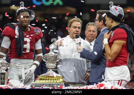 December 31, 2022: Alabama Head Coach Nick Saban is interviewed after the 89th annual Allstate Sugar Bowl between the Alabama Crimson Tide and the Kansas St. Wildcats at the Caesars Superdome in New Orleans, LA. Jonathan Mailhes/CSM Stock Photo