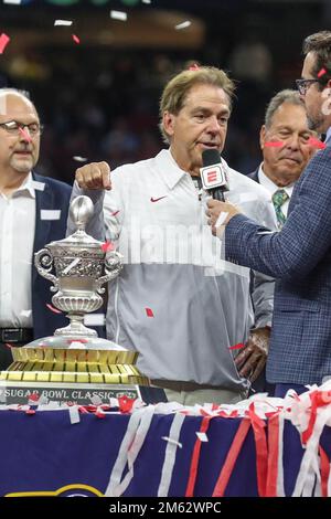 December 31, 2022: Alabama Head Coach Nick Saban is interviewed after the 89th annual Allstate Sugar Bowl between the Alabama Crimson Tide and the Kansas St. Wildcats at the Caesars Superdome in New Orleans, LA. Jonathan Mailhes/CSM Stock Photo