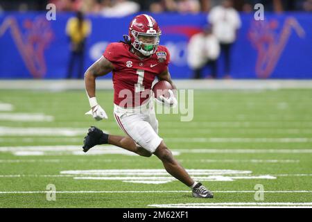 December 31, 2022: Alabama's Jahmry Gibbs (1) looks for running room during the 89th annual Allstate Sugar Bowl between the Alabama Crimson Tide and the Kansas St. Wildcats at the Caesars Superdome in New Orleans, LA. Jonathan Mailhes/CSM Stock Photo