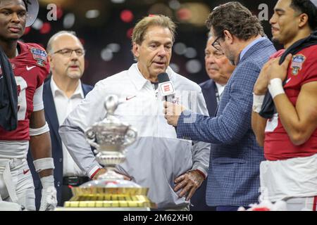 December 31, 2022: Alabama Head Coach Nick Saban is interviewed after the 89th annual Allstate Sugar Bowl between the Alabama Crimson Tide and the Kansas St. Wildcats at the Caesars Superdome in New Orleans, LA. Jonathan Mailhes/CSM Stock Photo