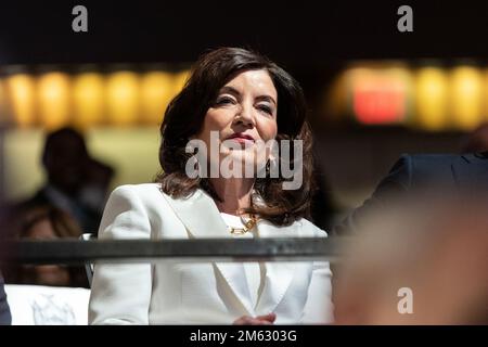 Albany, USA. 01st Jan, 2023. Governor Kathy Hochul watches Inauguration ceremony for New York statewide officials at Empire State Plaza Convention Center in Albany on January 1, 2023. Governor Kathy Hochul was sworn as first ever female Governor of the state of New York for full term. (Photo by Lev Radin/Sipa USA) Credit: Sipa USA/Alamy Live News Stock Photo