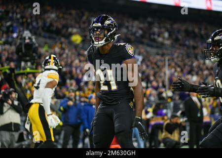 Baltimore Ravens cornerback Brandon Stephens (21) stands on the field  before the start of an NFL